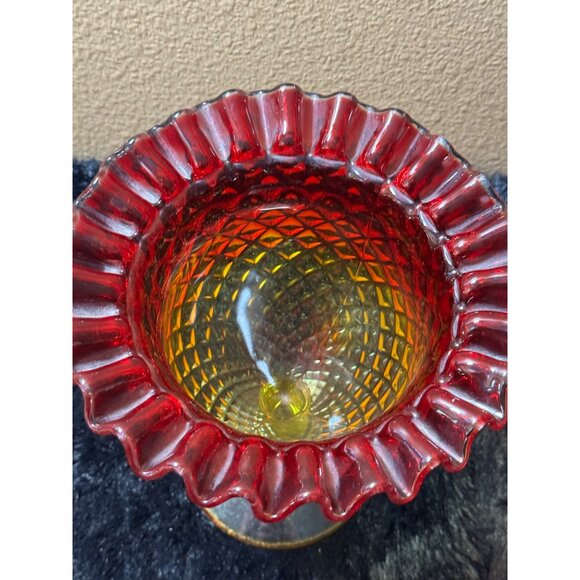 Vintage Viking Yesteryear Amberina Pineapple Diamond Point Compote Crimped EUC - Picture 5 of 7